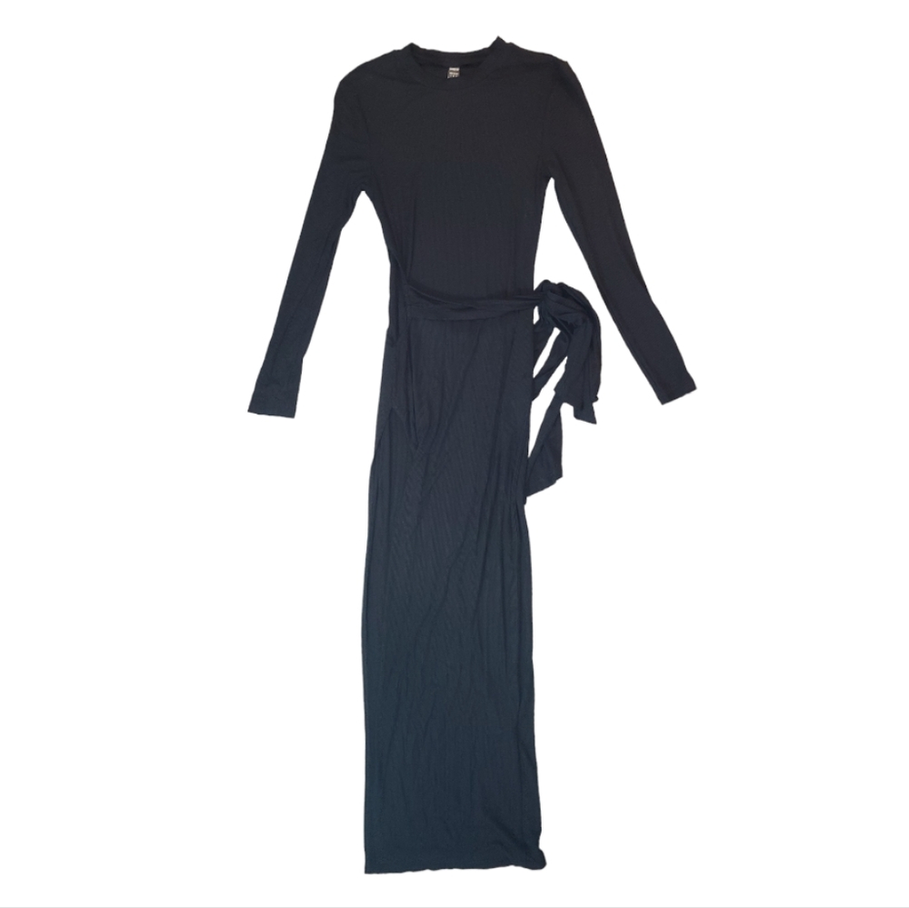 Shein Sxy | Black Ribbed Long Sleeve Thigh Slit Maxi Dress Sz S